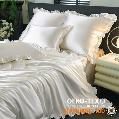 Freyamy Satin Bettwäsche 135x200 Glatt Luxus Seide Glanzsatin Bettwäsche Set Weiss Einfarbig Rüschen