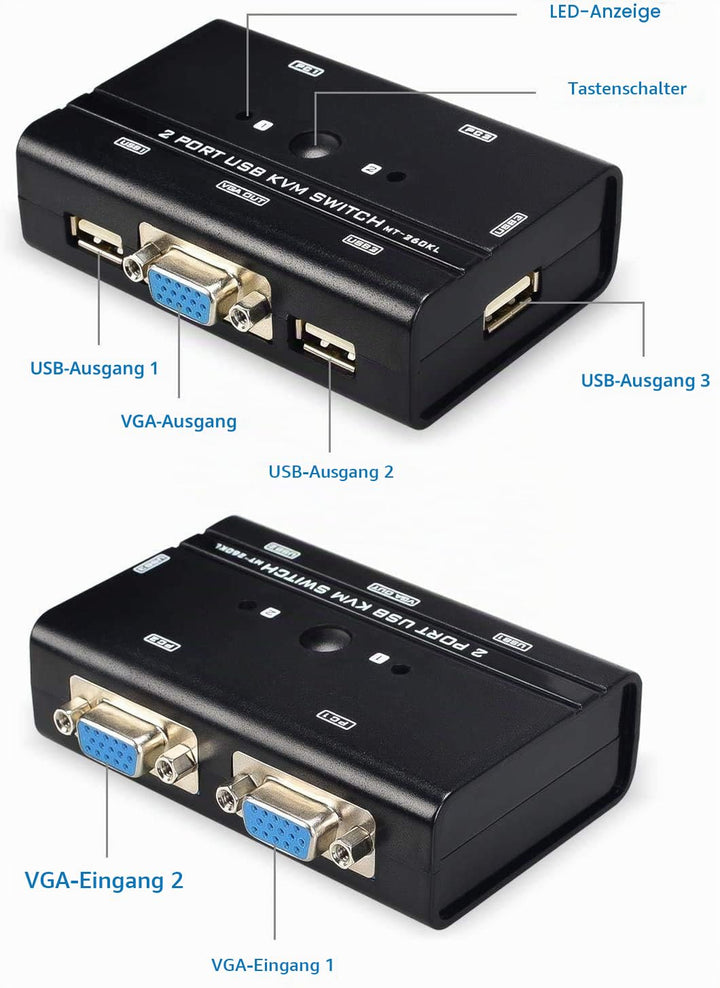 TCNEWCL 2 Port KVM Switch VGA mit 2-in-1 Kabel, VGA USB KVM Switcher 2 PCs 1 Monitor, mit 3 USB 2.0