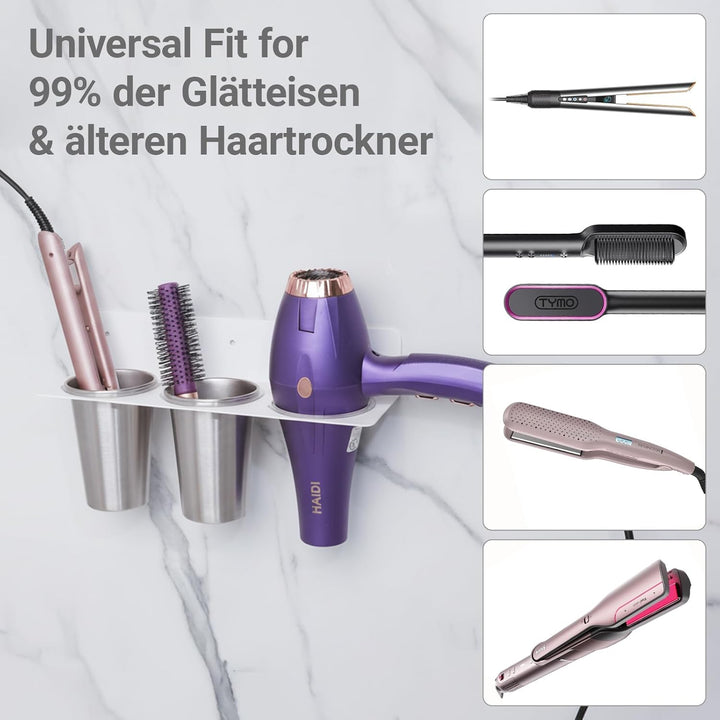 Fön Halterung, Haartool-Wandhalter mit 2 Edelstahl-Bechern, Fönhalter Ohne Bohren Aufbewahrung für H