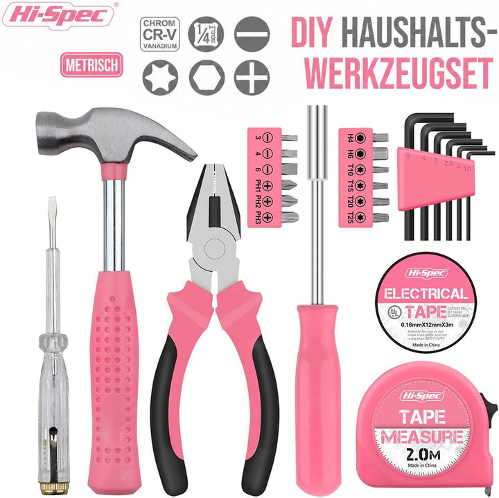Hi-Spec 24tlg. Rosa Haushalts Mini Werkzeug-Set für Frauen passend für WG-Zimmer oder Unterwegs 24 T