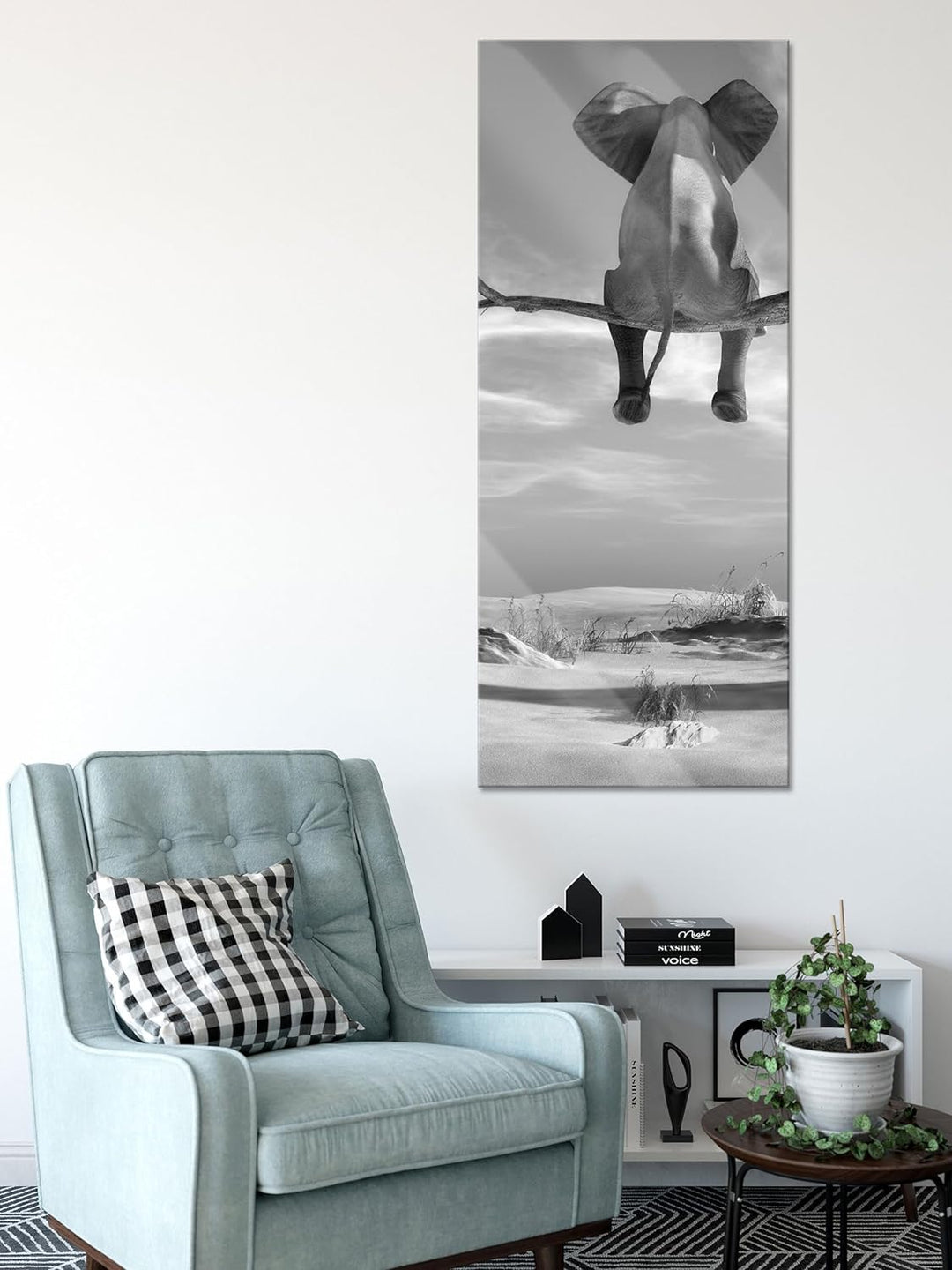 Glasbild Panorama | Wandbild aus Echtglas | Elefant auf einem Ast in der Wüste | 100x40 cm | inkl. A