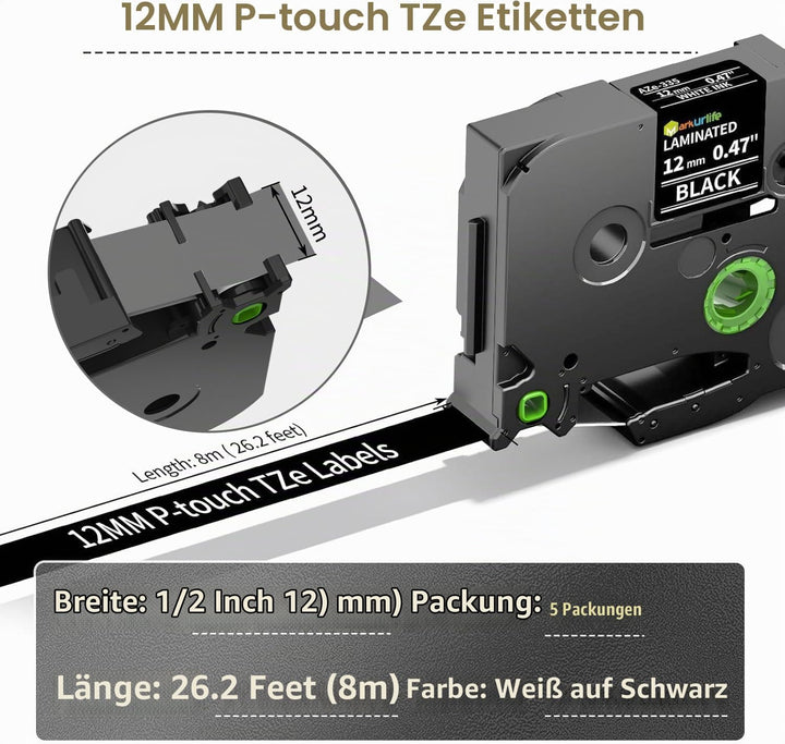 Markurlife TZe 335 TZe-335 Kompatibel mit Brother P touch Bänder Weiss auf Schwarz TZe TZ Tape 12mm