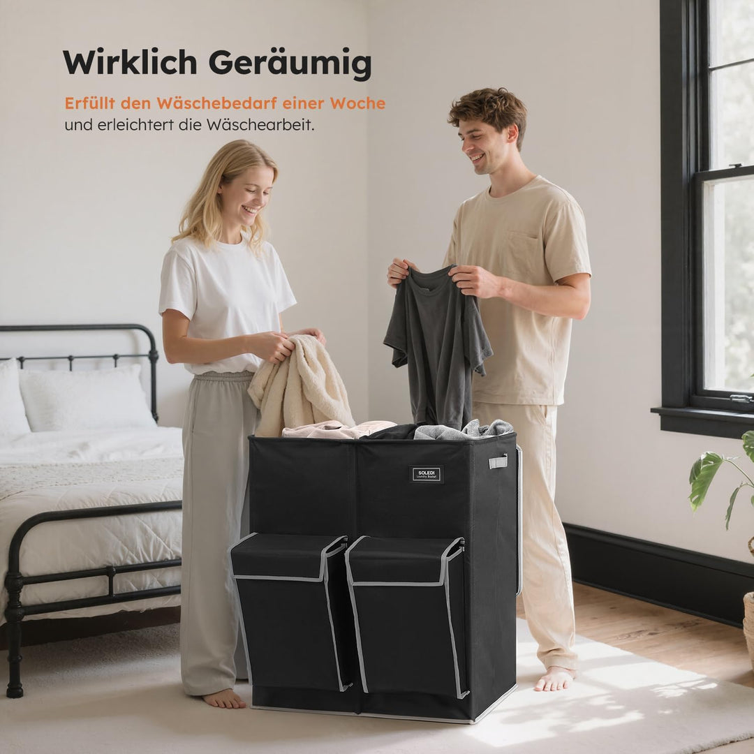 SOLEDI 180L Wäschekorb mit Deckel, Wäschesammler 2 Fächer mit 2 Seitentaschen, Laundr Baskets mit 2