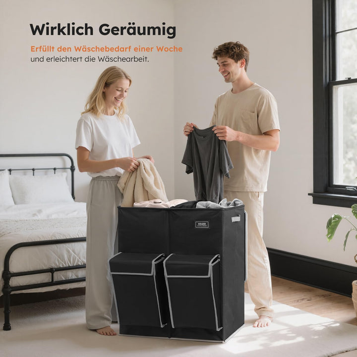 SOLEDI 180L Wäschekorb mit Deckel, Wäschesammler 2 Fächer mit 2 Seitentaschen, Laundr Baskets mit 2