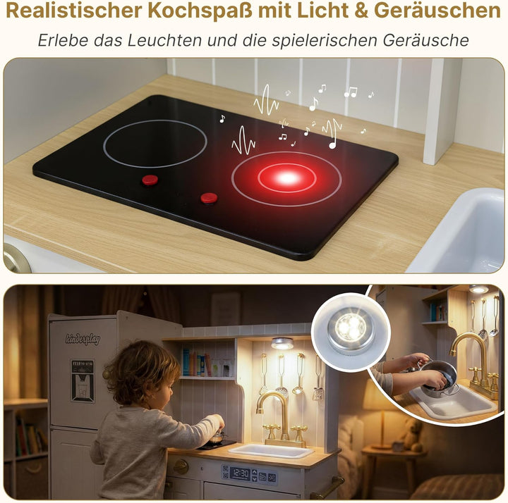 Kinderküche Holz mit Licht & Sound – Grosse Spielküche aus Holz mit Zubehör, Spüle, Herd & Backofen