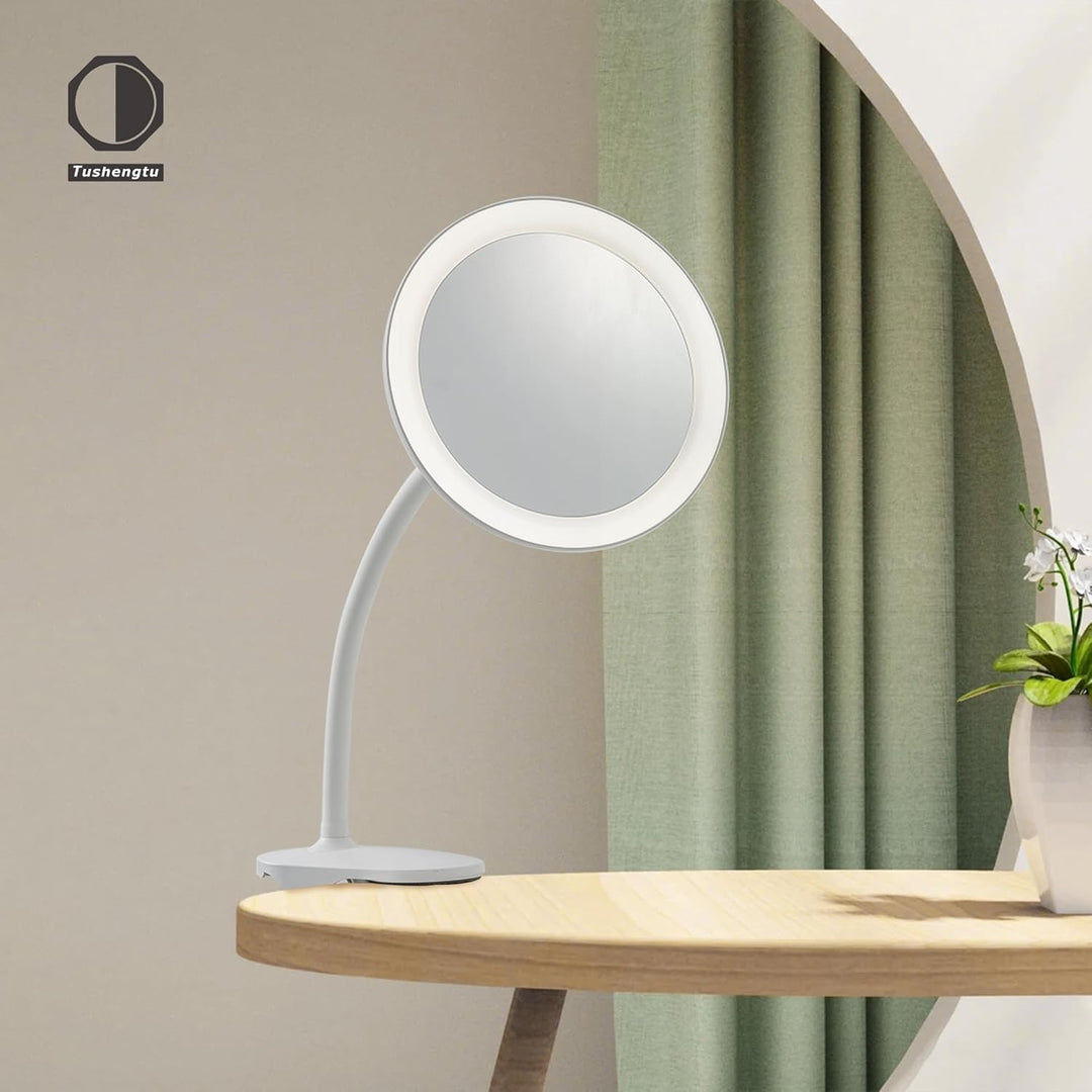 TUSHENGTU 16,5 cm Clip-on-Schminkspiegel mit Licht, Schwanenhals-Reise-Flachspiegel, USB-Aufladung (