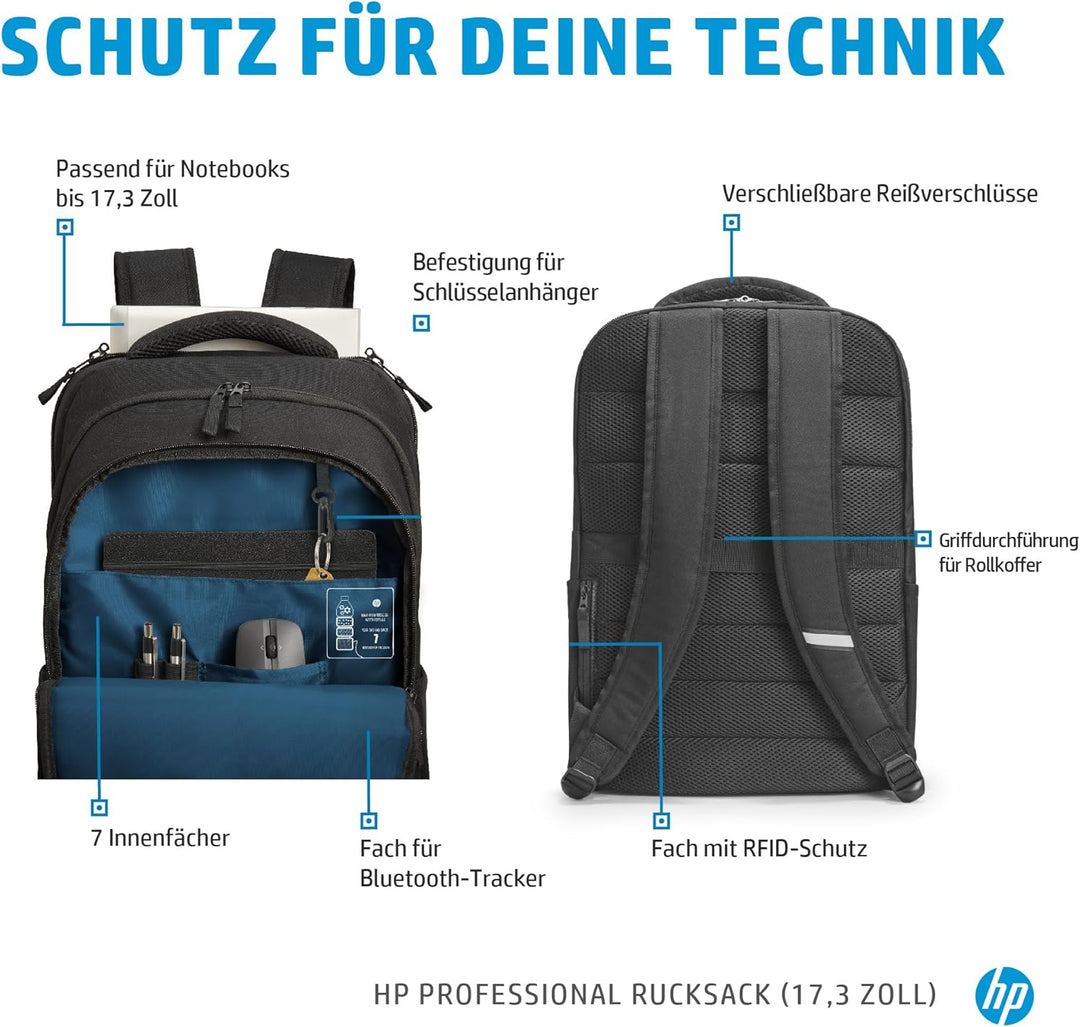 HP Professional 17,3 Zoll Laptop-Rucksack, wasserabweisend, RFID-Schutz, recycelte Materialien, vers