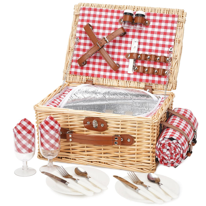Picknickkorb für 2 Personen, Picknickkorb-Set mit Kühlfach und wasserdichte Picknickdecke, Besteck S