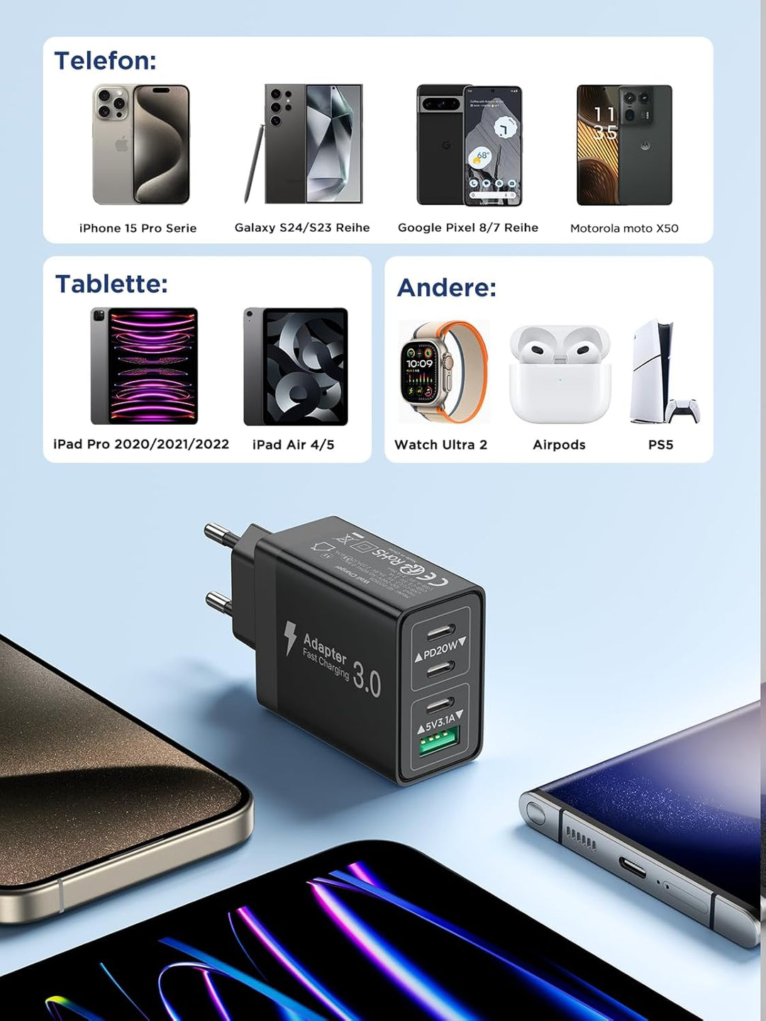 Aioneus USB C Ladegerät, 2-Pack 4Port Ladegerät USBC Adapter 40W Stecker Typ C Schnellladegerät Mehr