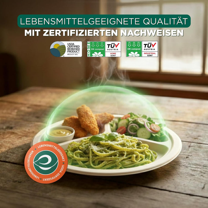 ECO SOUL 25 Cm (10 Zoll) Kompostierbare weisse Teller 3-geteilt (200 Stück) | 100% Biologisch Abbaub
