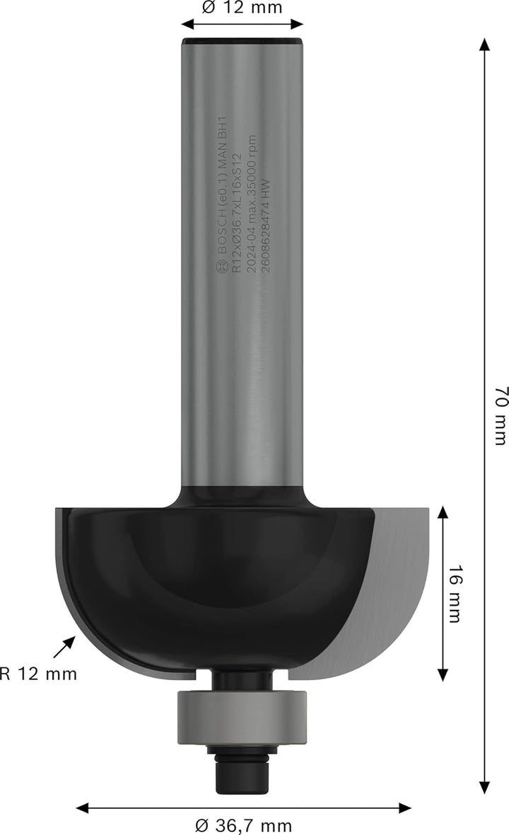 Bosch ProfessionalZubehör 2608628474 Hohlkehlfräser 12 mm, R1 12 mm, D 36,7 mm, L 16 mm, G 70 mm Ø 3
