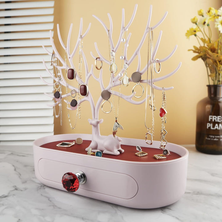 MORE&LESS Rotes Kunstleder Roter Kristall Griff Hirsch Ornament Display Rack Ring Ohrringe Halskette