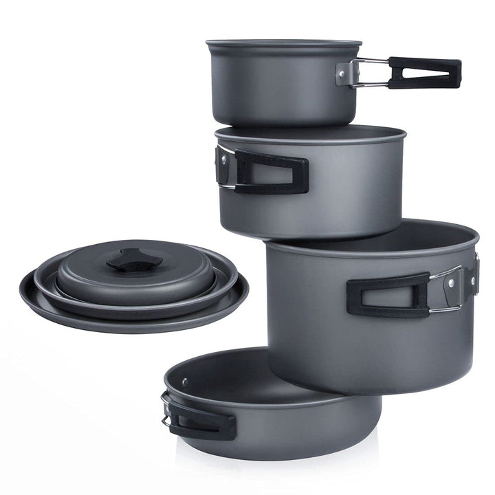 yourGEAR Ranger V Topf Pfannen Set für 4-5 Mann 7 TLG. Camping Kochset Kochgeschirr im Netzbeutel