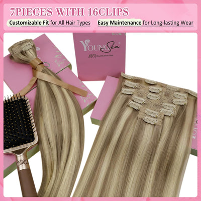 YoungSee Clip in Extensions Echthaar Hellbraun Clip in Extensions Braun Blond Echthaar Extensions Cl