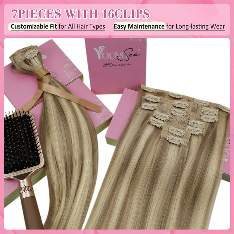 YoungSee Clip in Extensions Echthaar Hellbraun Clip in Extensions Braun Blond Echthaar Extensions Cl