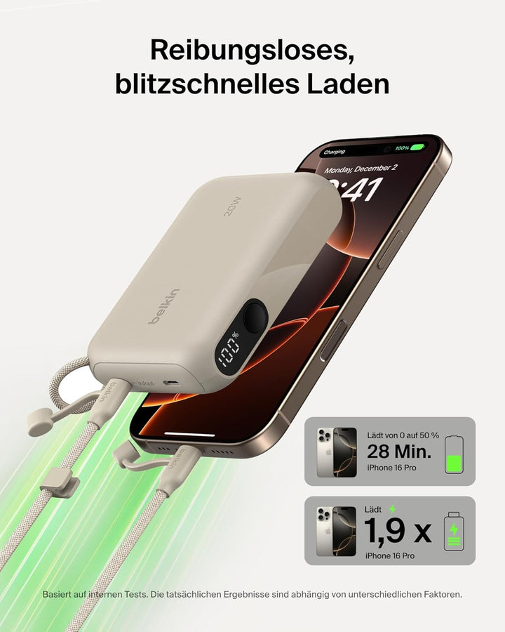 Belkin Powerbank 10.000 mAh, Powerbank mit 2 USB-C-Anschlüssen, Handyakkus mit Digitale Akkuanzeige,
