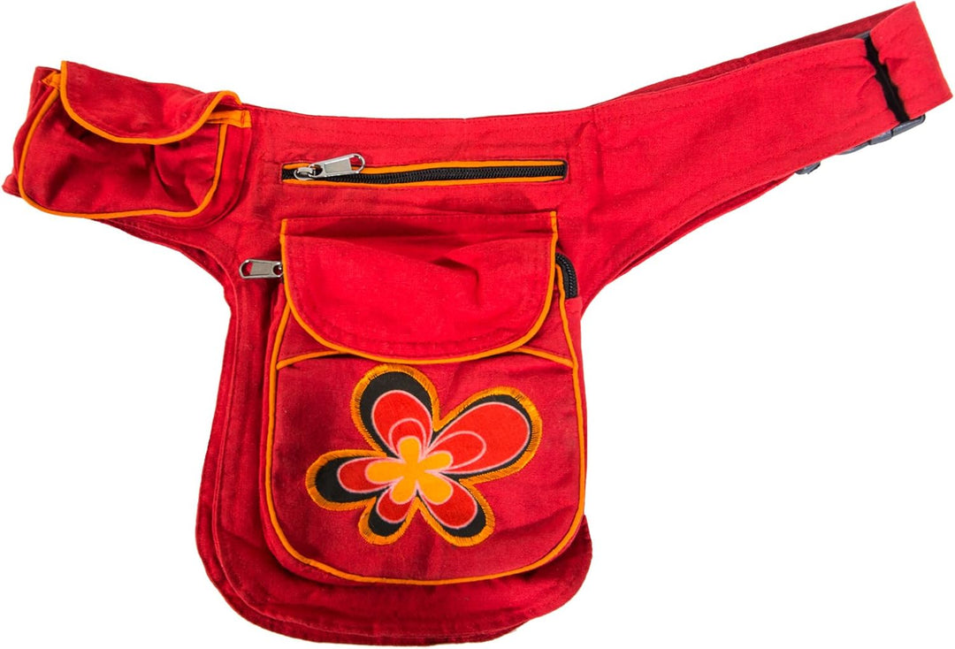 Kunst und Magie Doppel Bauchtasche Sidebag Gürteltasche Festivaltasche, Farbe:Rot/Orange Rot / Orang