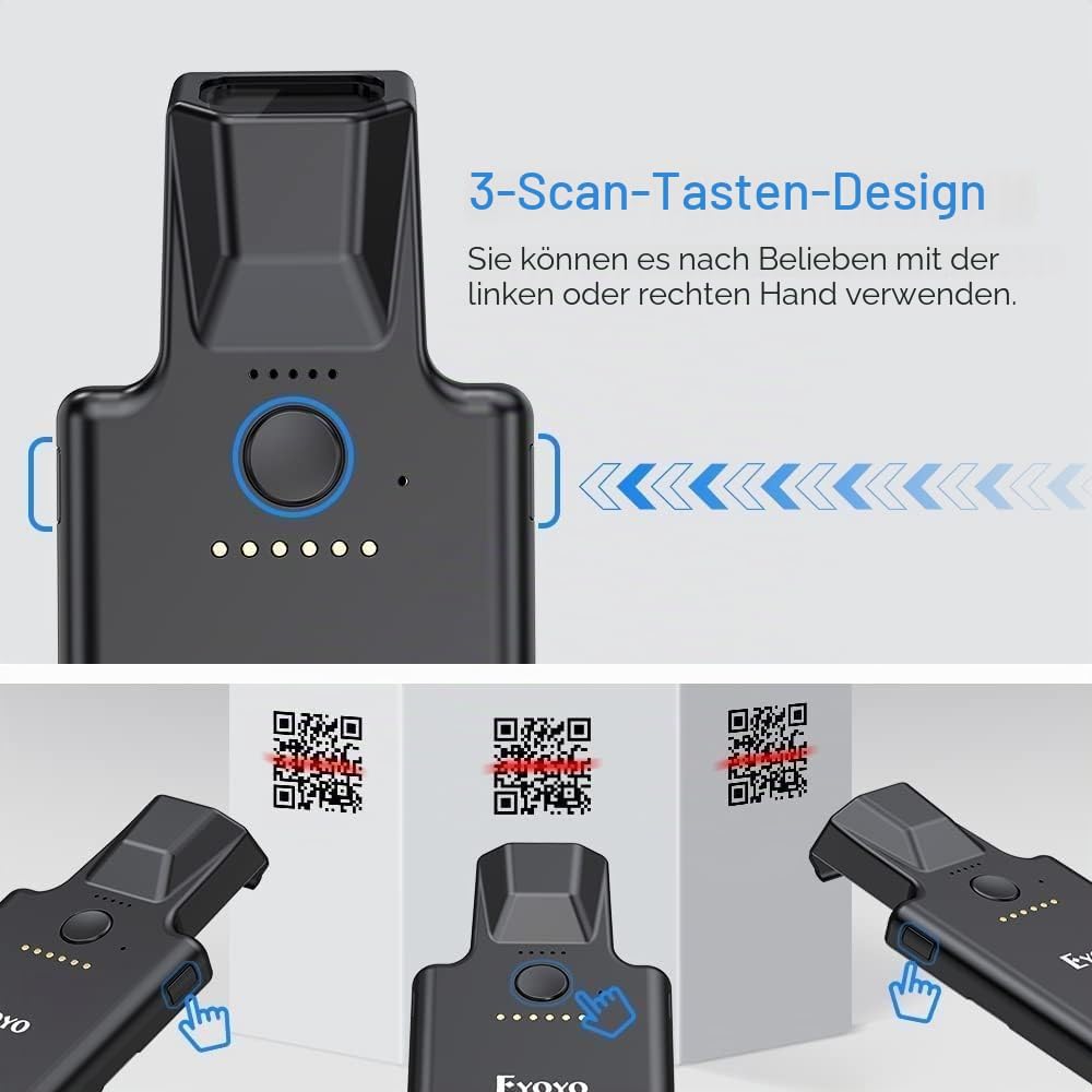 Eyoyo 2D Bluetooth Barcode Scanner, Kabelloser 1D QR Barcode Leser mit Rückenclip für Mobilgeräte, A