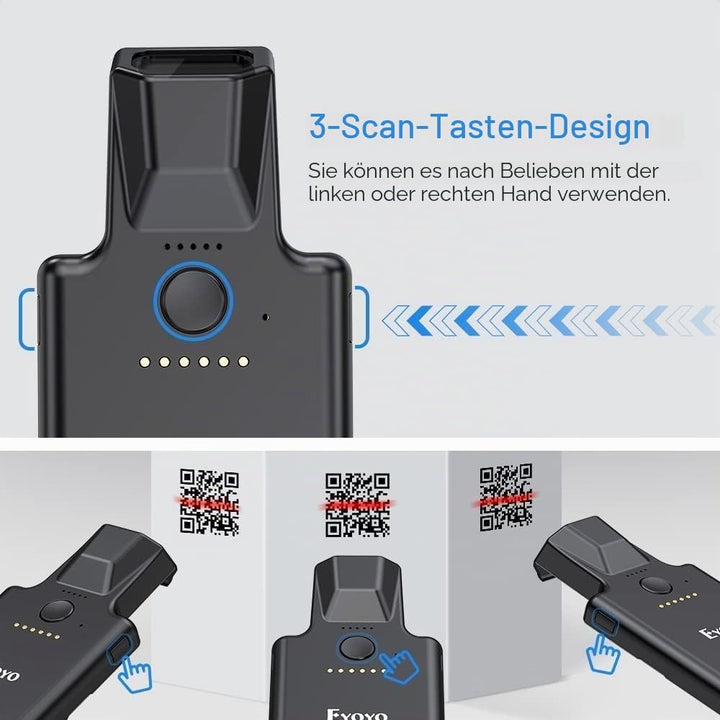 Eyoyo 2D Bluetooth Barcode Scanner, Kabelloser 1D QR Barcode Leser mit Rückenclip für Mobilgeräte, A
