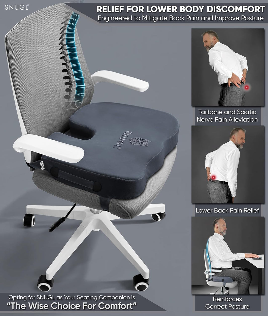 SNUGL Sitzkissen orthopädisch Memory Foam Steissbeinkissen | Stuhlkissen gegen Rückenschmerzen | Erg