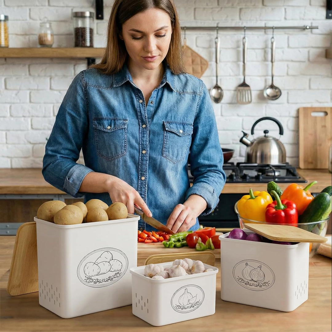 Lifewit Kartoffel Aufbewahrungsbox, 3er Set Grosse Kunttsoff Vorratsdosen für Kartoffel Zwiebel knob