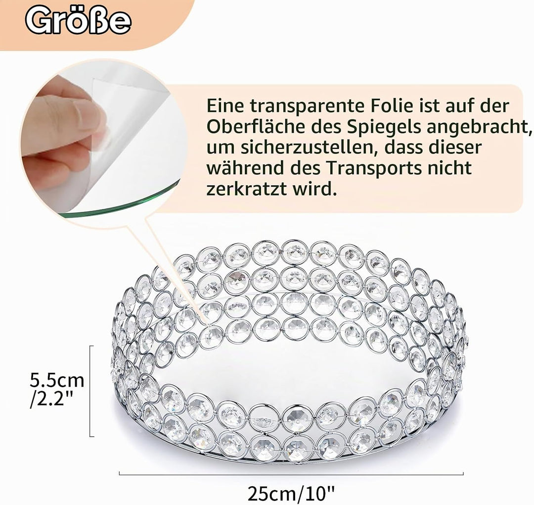 NUPTIO Spiegeltablett Silber, 25cm Dekotablett mit Kristallrand 25 cm Silber, 25 cm Silber