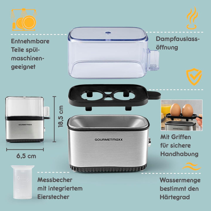 GOURMETmaxx Design Eierkocher für 2 Eier | kompakter Egg Boiler | Egg Cooker mit Eierstecher, Messbe