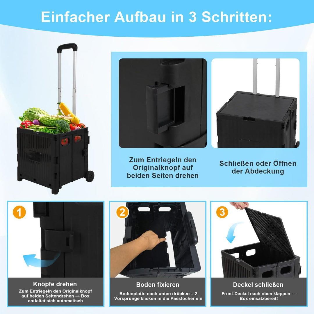 Einkaufstrolley Klappbar, mit neigbarer Teleskopgriff &amp; Deckel, 2 x Rollen, bis 35 kg, 45 Liter Kist