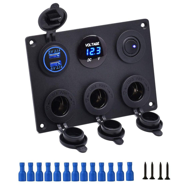 Thlevel 6 in 1 Multifunktionspanel 12V Steckdose Dual USB Ladegerät Blau LED Voltmeter Kippschalter