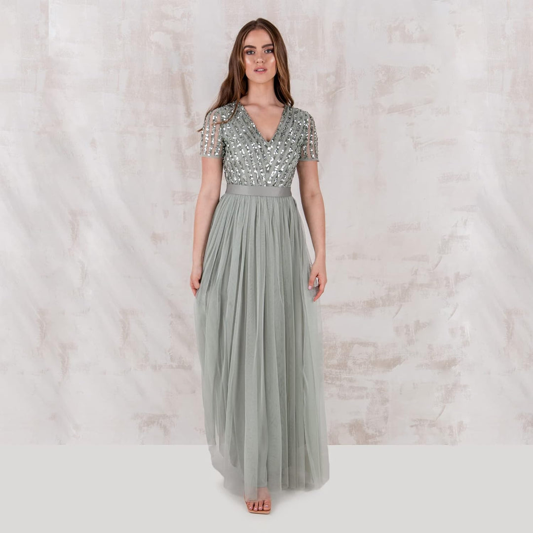 Maya Deluxe Damen Ballkleid Abendkleid V-Ausschnitt Maxi Länge Pailletten Kurze Ärmel für Hochzeit G