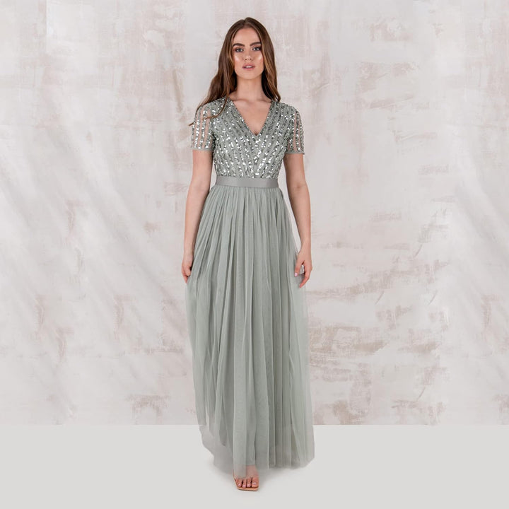 Maya Deluxe Damen Ballkleid Abendkleid V-Ausschnitt Maxi Länge Pailletten Kurze Ärmel für Hochzeit G