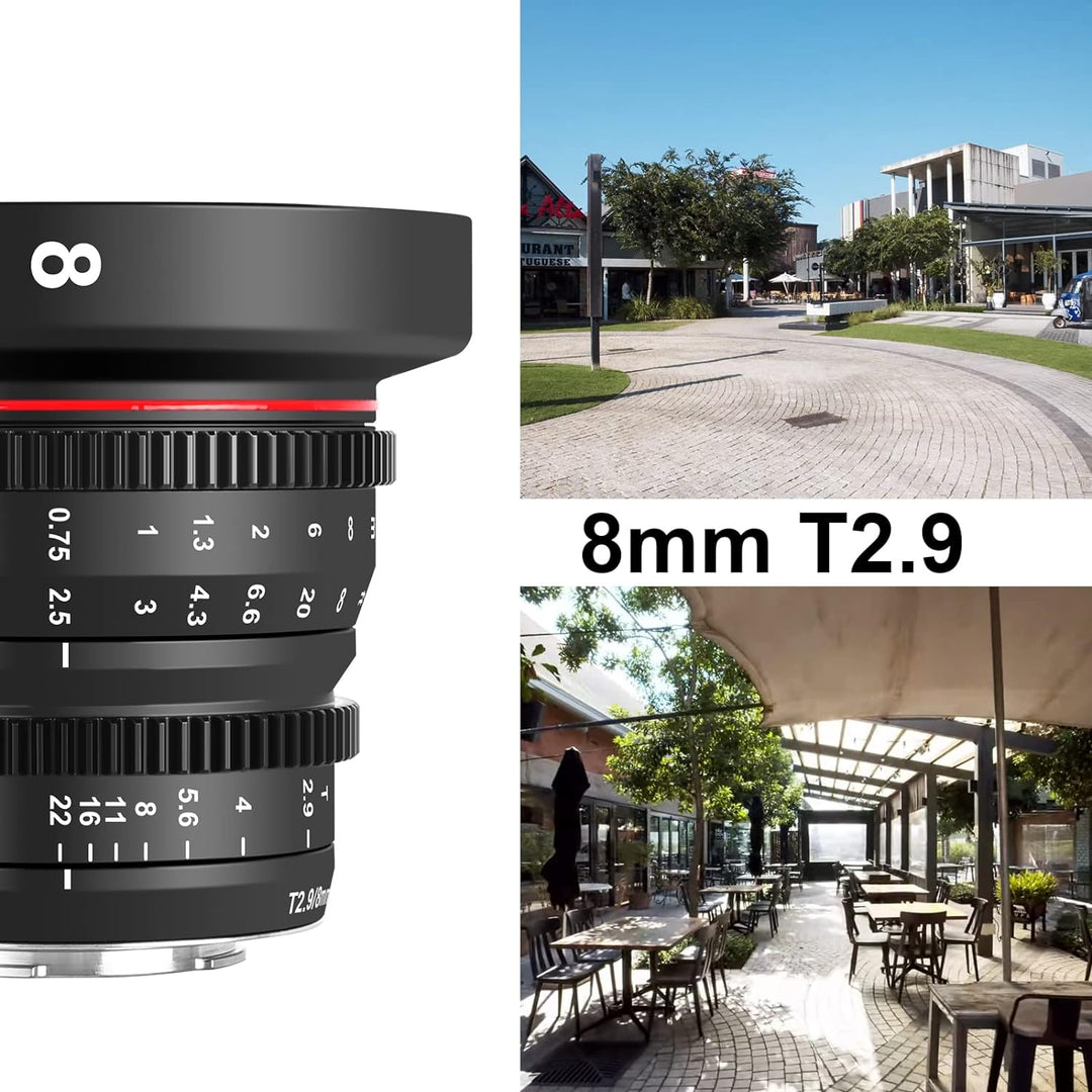 MEKE 8 mm T2.9 grosse Blende manueller Fokus Prime Low Distortion 4K Mini Cine Objektiv für Micro Fo