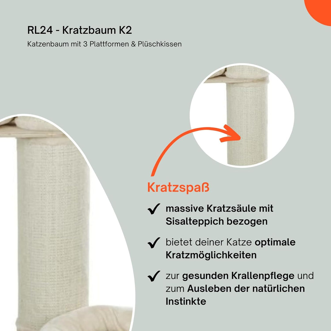 RL24 - Kratzbaum K2 – Katzenbaum mit 3 Plattformen & Plüschkissen in beige – mit Sisalteppich an der