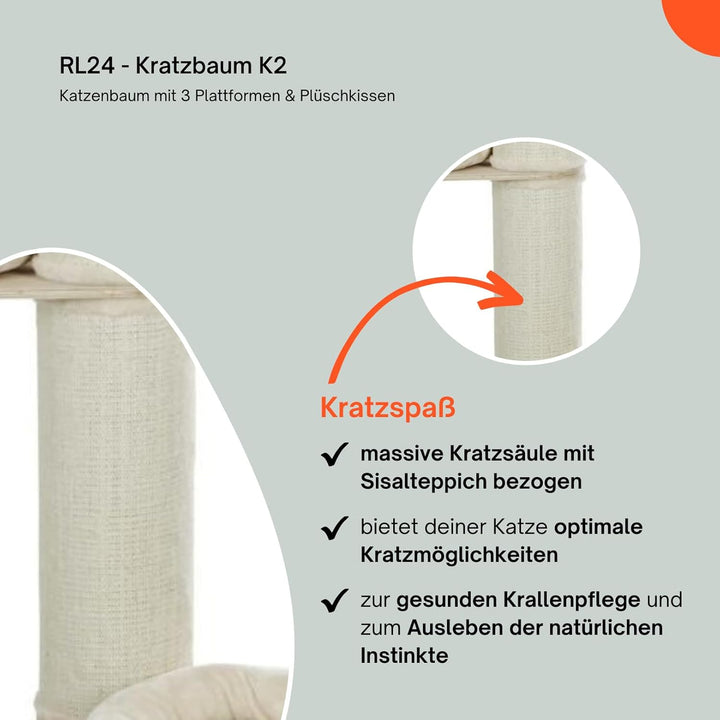 RL24 - Kratzbaum K2 – Katzenbaum mit 3 Plattformen & Plüschkissen in beige – mit Sisalteppich an der