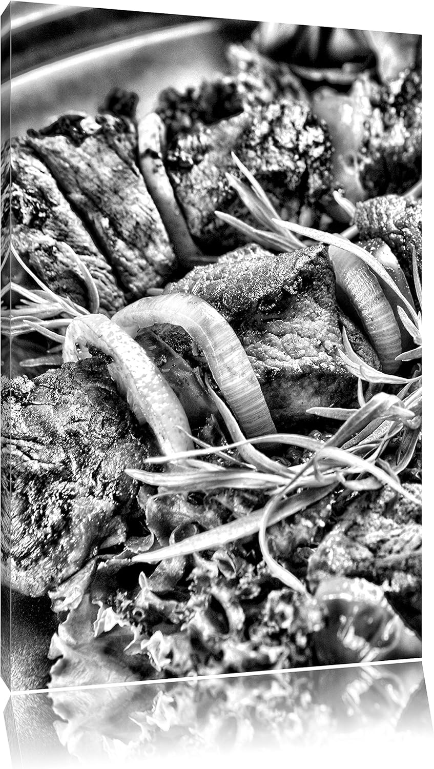 Pixxprint Schaschlik Fleischspiess / 100x70cm Leinwandbild bespannt auf Holzrahmen/Wandbild Kunstdru