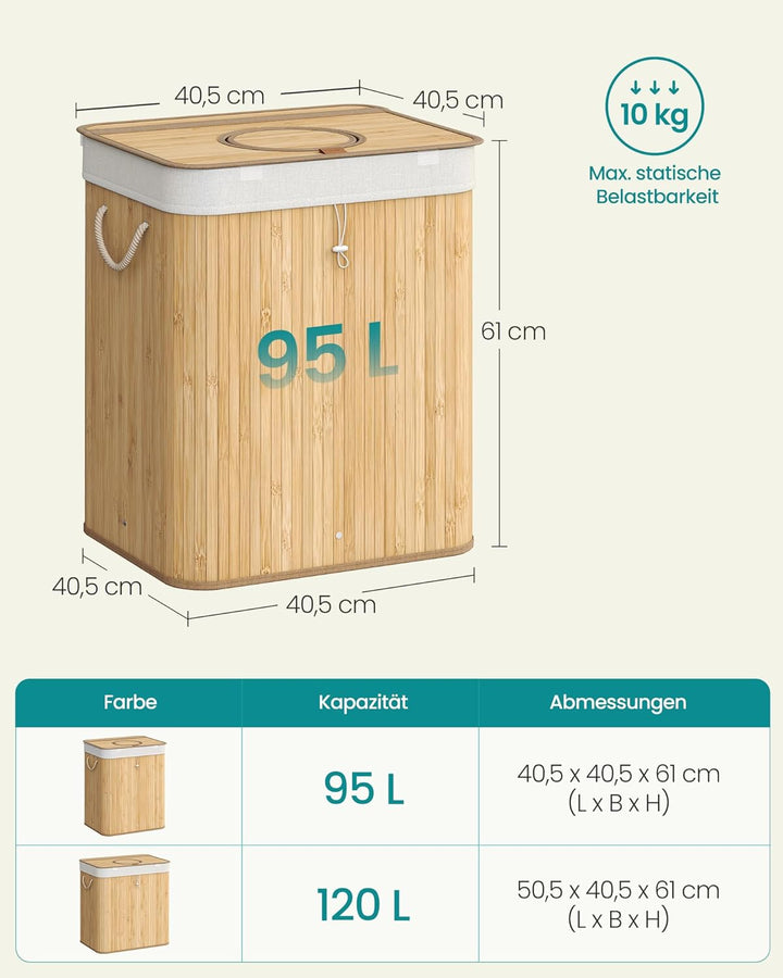 SONGMICS Pfandflaschen-Sammelbehälter, 95 L Pfandflaschen-Behälter, Bambus, Flaschensammler Leergut,