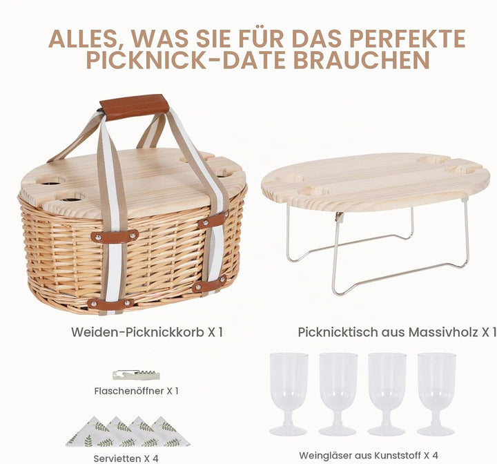 Picknickkorb-Set für 4 Personen – Isolierter Weidenkorb mit klappbarem Weintisch, Picknickset mit In