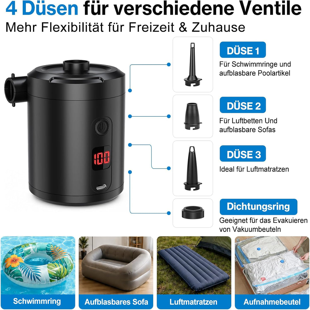 Akku Luftpumpe für Luftmatratze, Lytool 5200mAh Elektrische Mini Luftpumpe Akku mit digitaler Anzeig