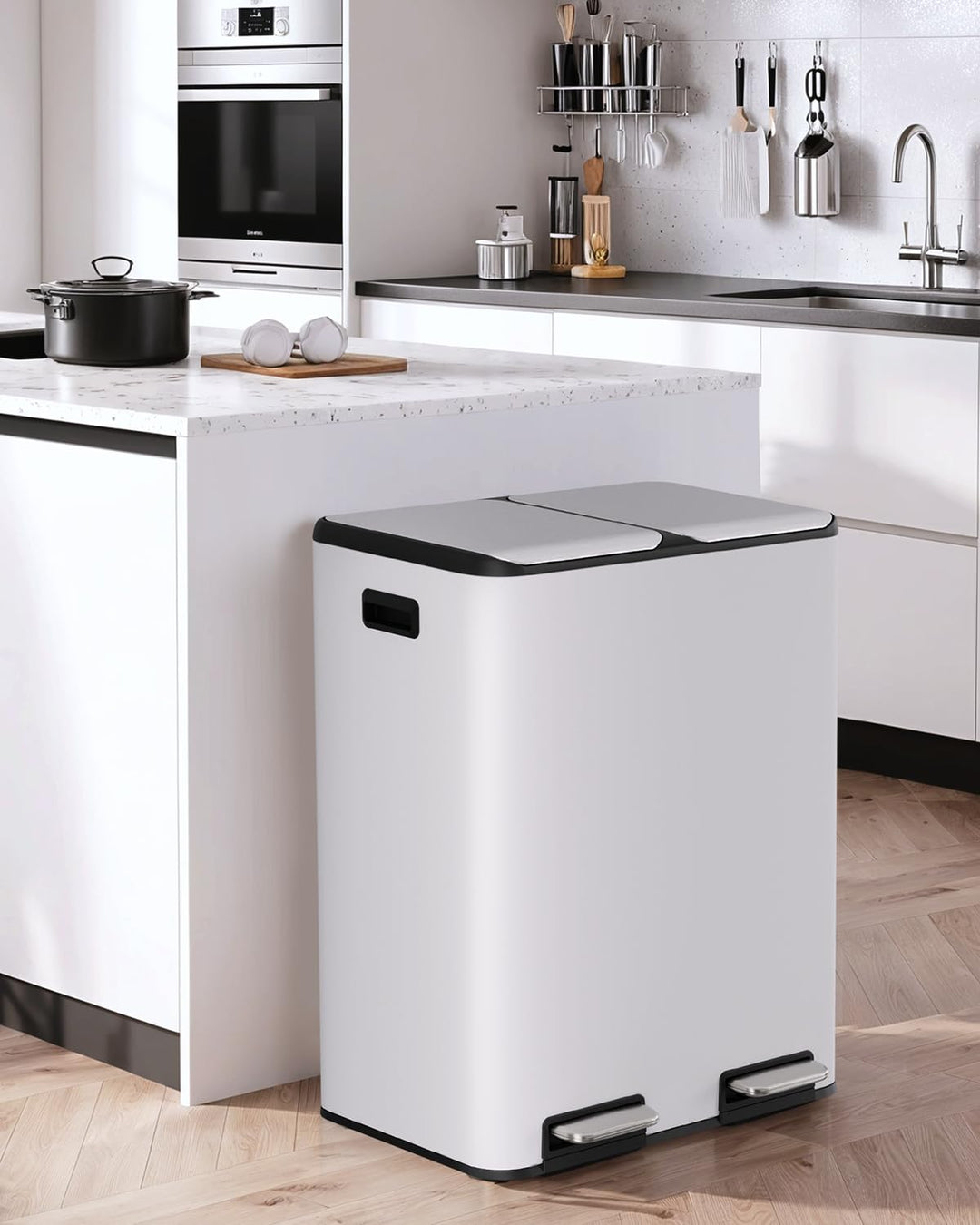 LIFERUN Mülleimer 2 Fächer, 2 x 30 Liter Treteimer mit Geruchsfilter, Deckel Geräuschlos, Inneneimer