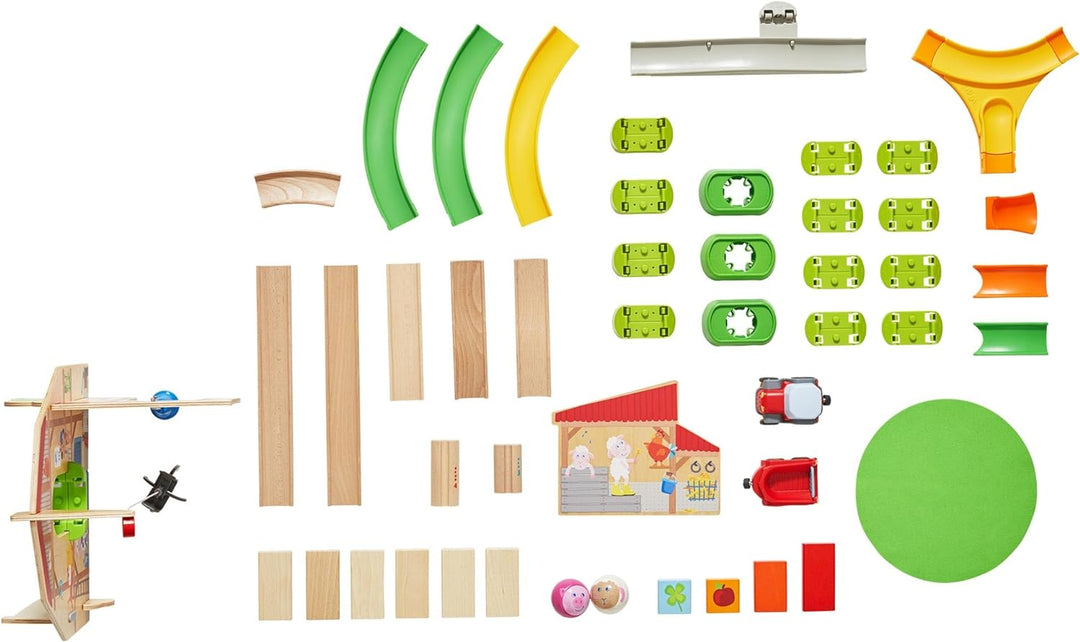 HABA 305397 - Kullerbü – Sound-Spielbahn Bauernhof, Kugelbahn aus Holz mit Spielkulissen, Traktor, K