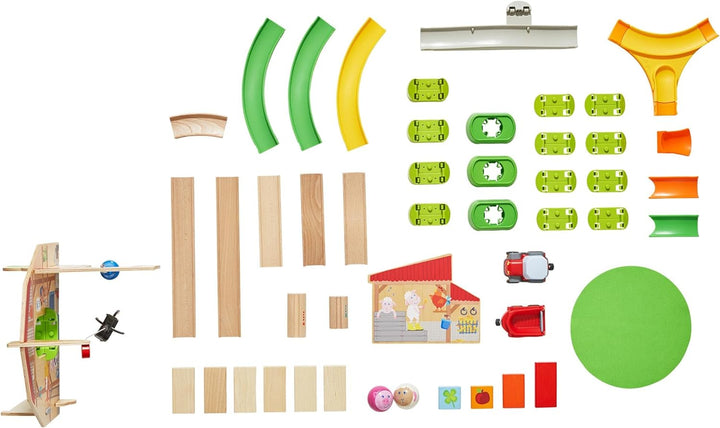 HABA 305397 - Kullerbü – Sound-Spielbahn Bauernhof, Kugelbahn aus Holz mit Spielkulissen, Traktor, K