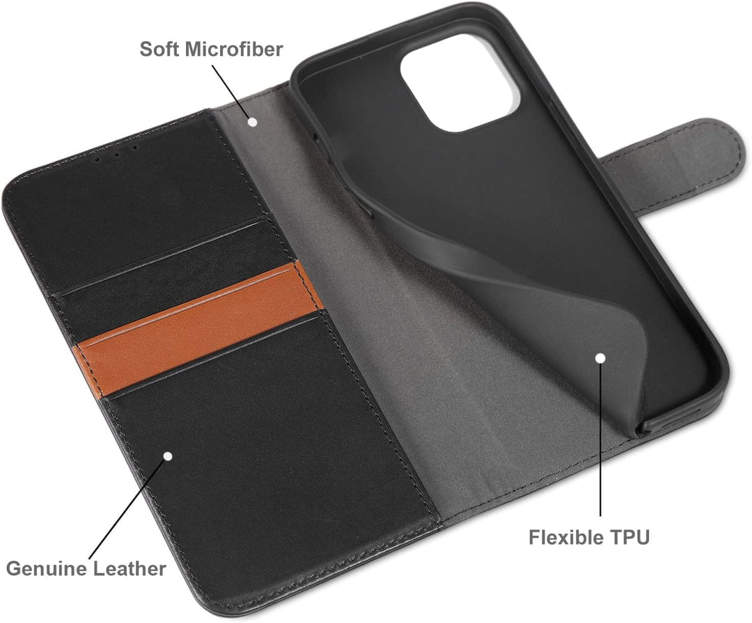 LENSUN Echtleder Hülle für iPhone 13 Pro Max, Handyhülle [Echtes Leder][3 Kartenfächer][RFID Schutz]