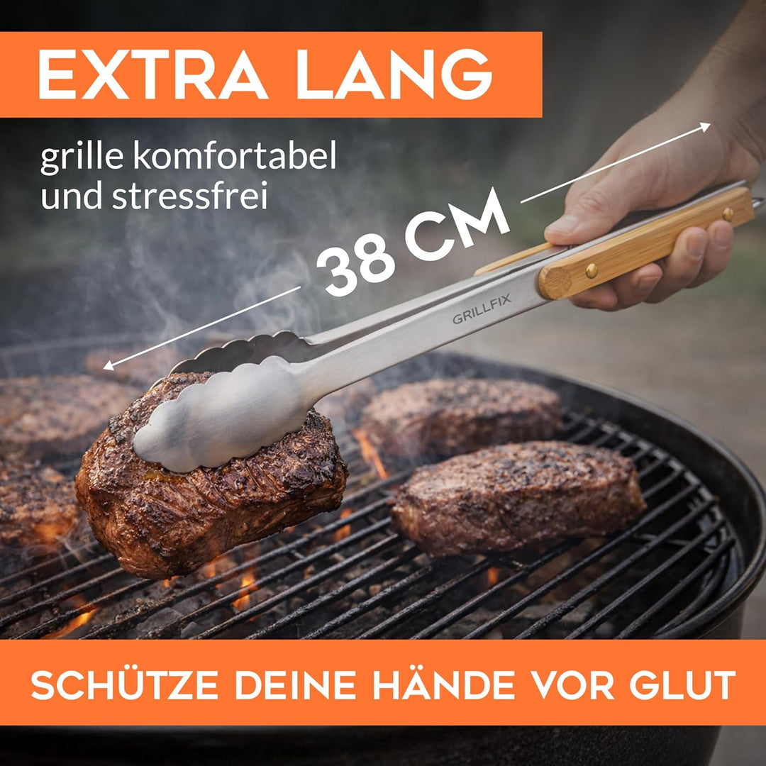 BBQ Grillbesteck Set extra lang 38cm, aus Edelstahl holzverziert | 3-teilig Geschenkset für Männer u