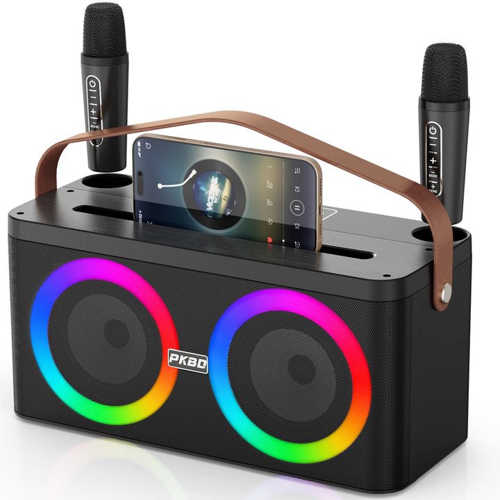 Karaoke Maschine mit Telefon-/Pad-Halterung, Tragbarer Bluetooth-Lautsprecher mit 2 kabellosen Mikro