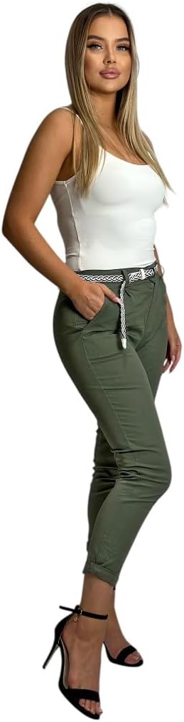 Mississhop Damen Baumwolle Klassische Chino Hose mit Gürtel XL Oliv, XL Oliv