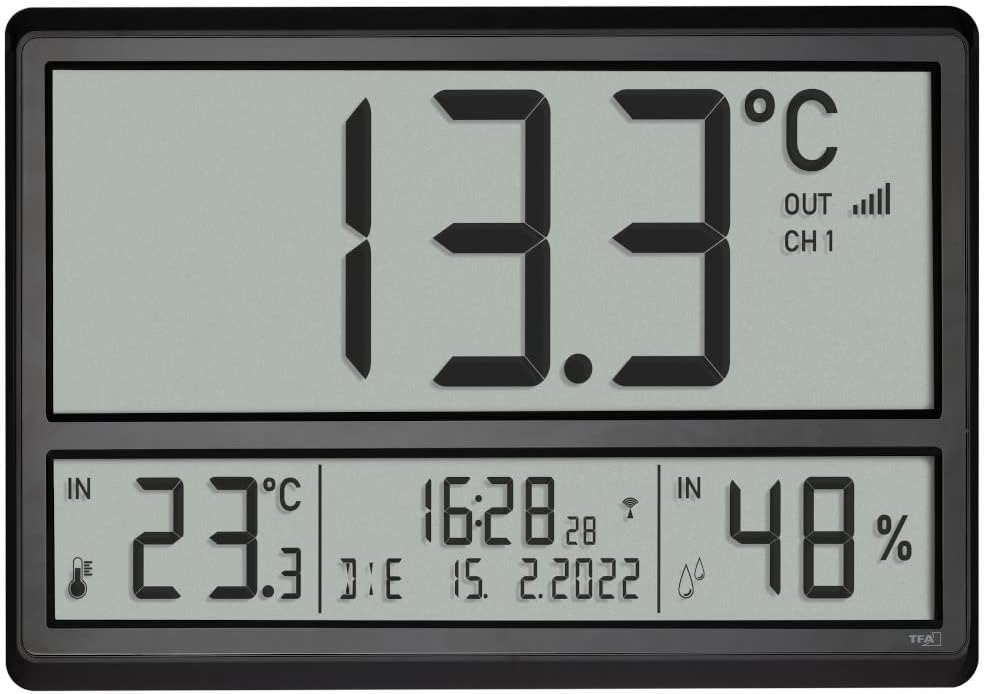 TFA Dostmann Digitale XL Wanduhr, 60.4523.01, mit Aussentemperatur und Raumklima, Funkuhr, 24h Anzei