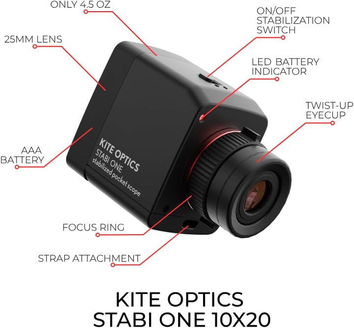 Kite Optics Stabi One, Bildstabilisiertes Taschenmonokular, ultrakompakt und leicht, 127,6 g, AAA-Ba