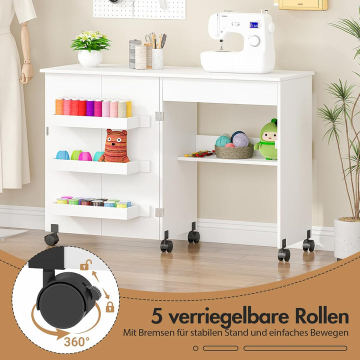 Nähtisch Klappbar, 2-in-1 Nähmaschinentisch, Nähmaschinenschrank mit Offenen Ablagefächern und Rolle