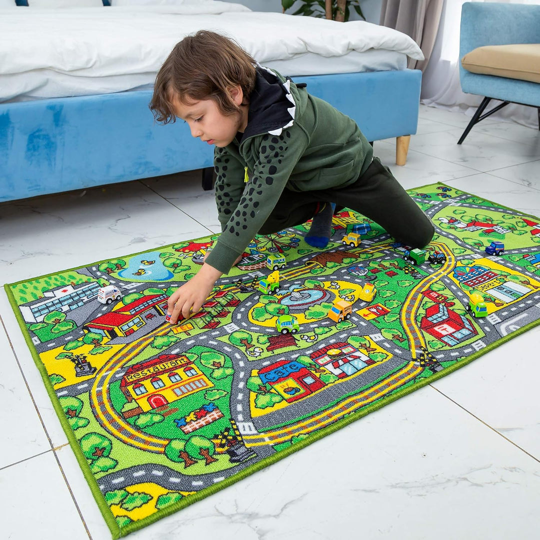 JOYIN Teppich Kinderzimmer 80x150cm mit 12 Mini Auto Spielzeug für Kinder ab 3 Jahren, Spielteppich