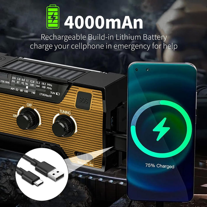 SOLARBABY Notfall-Solarradio mit Handkurbel und 4000-mAh, Mit integrierter LED-Taschenlampe, SOS-Ala